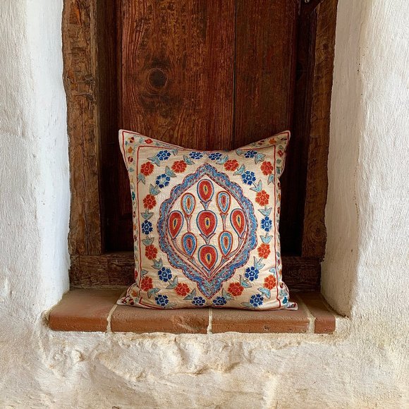 Turkish crewel embroidered silk throw pillow - Picture 1 of 9